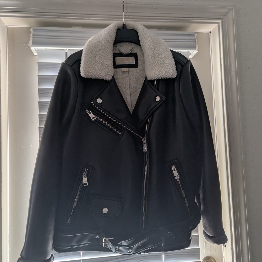 MICHAEL Michael Kors Black Leather Jacket with White Collar - Picture 6 of 6